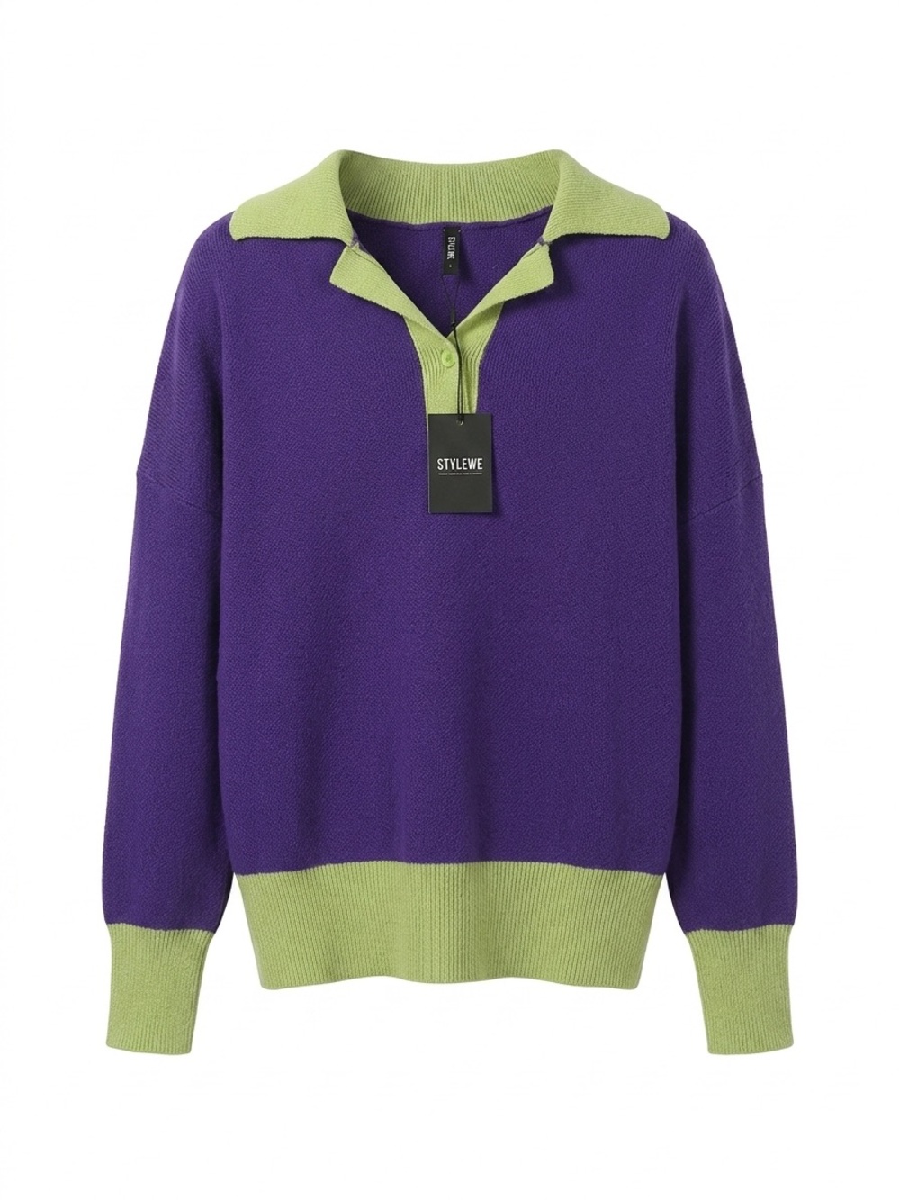 STYLEWE Womans Purple Sweater with Light Green Collar and Trim